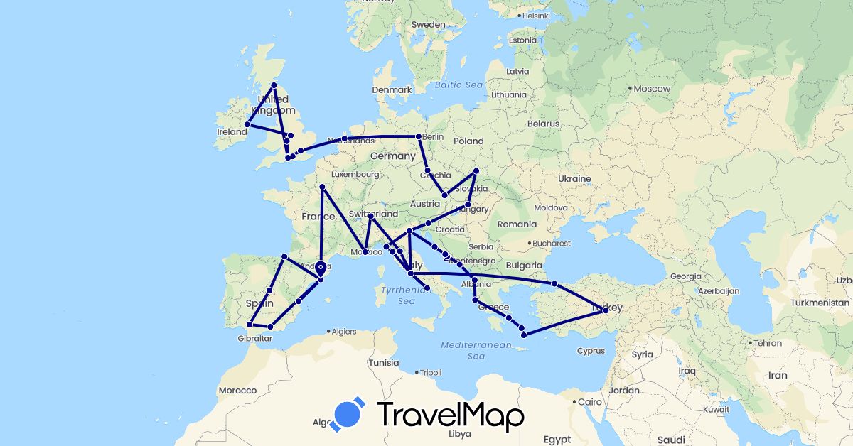 TravelMap itinerary: driving in Albania, Austria, Switzerland, Czech Republic, Germany, Spain, France, United Kingdom, Greece, Croatia, Hungary, Ireland, Italy, Monaco, Netherlands, Poland, Slovenia, Turkey (Asia, Europe)